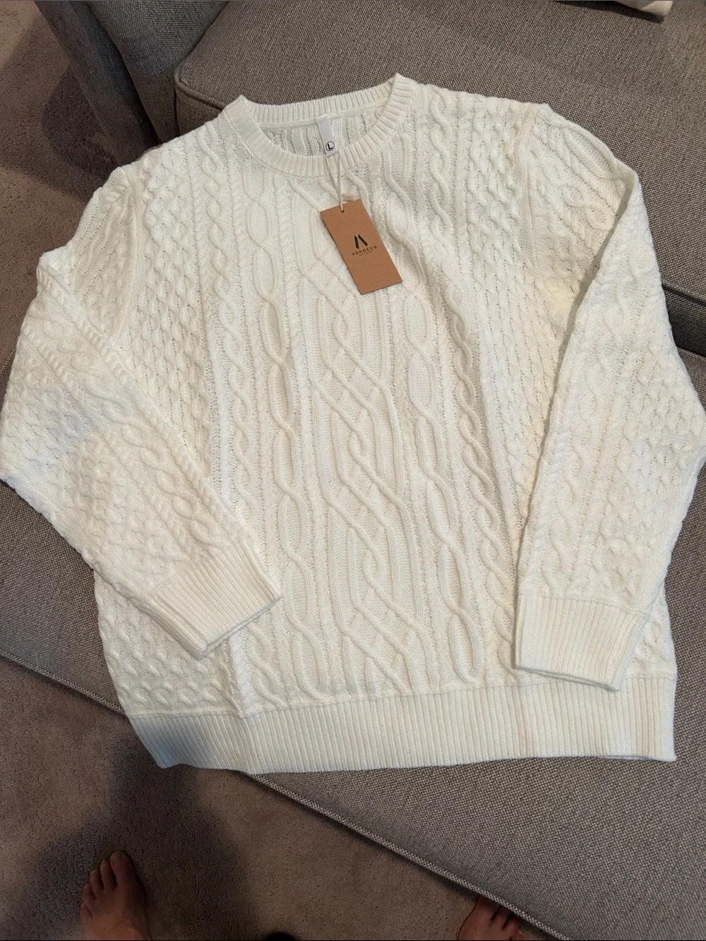 Mens Cable Crewneck Sweater in Cream by